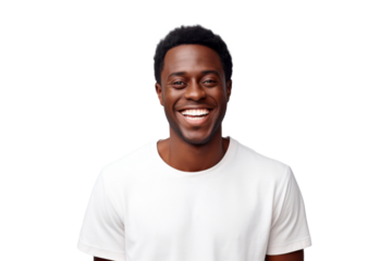Studio portrait of Handsome African-American man with clean healthy skin and happy smile isolated on transparent png background.