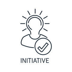 Man with an idea marked with a tick. Initiative employee, worker, candidate. Entrepreneurial spirit.Vector linear icon isolated on white background.