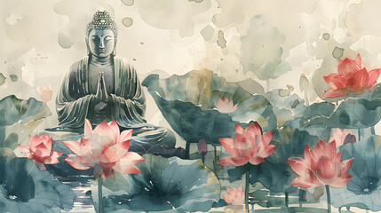 Watercolor Illustration of Buddha and lotus, Vesak Day