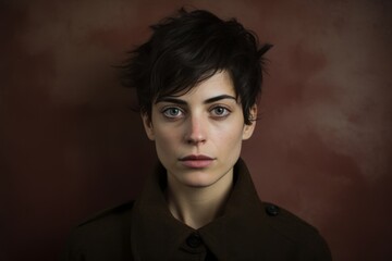 Portrait of a young woman in a coat. Studio shot.