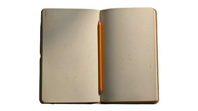 A top-down view of a white sketchbook opened to a blank page, with a single pencil resting on its surface, symbolizing the potential for endless imagination, transparent background