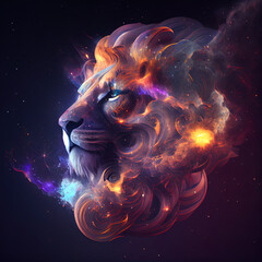 Lion from Galaxies spirals space nebula stars smoke. AI render - obrazy, fototapety, plakaty