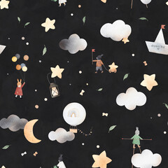 Cute background for a children room. Watercolor illustration. Seamless pattern. Bunnies, clouds, stars. Black background.