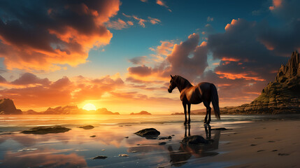 a horse is standing under a cloudy sky,cloudy day, natural beauty, cloud cover, horse silhouette, 
