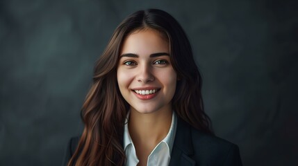Fototapeta premium Confident young businesswoman smiling in a dark studio. professional look, modern corporate style. ideal for professional portraits. AI