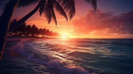 Amazing sunset on a tropical beach with palm trees.