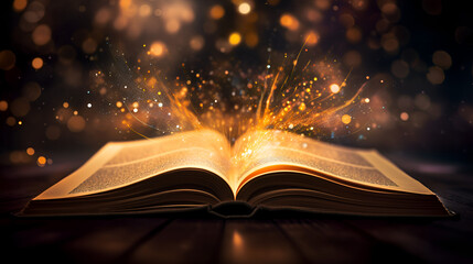 Magic book with lights coming out of the book in a blurry background learning and education concept
