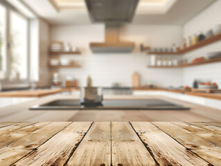 Beautiful empty wooden counter and modern kitchen background ready for product montage.