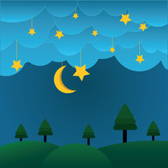Half moon, stars and clouds on the dark night sky. Green trees on the ground. Paper art style. Dreamy abstract fantasy background.