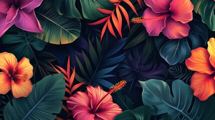 Monstera and palm green leaves and vivid flowers. Generative AI