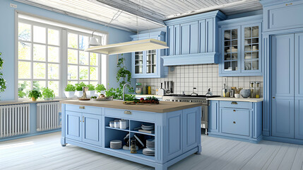 Fototapeta na wymiar A captivating light blue kitchen with striking geometric floor designs and a central island, creating a harmonious and visually appealing cooking space