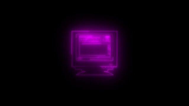 Neon glowing pink computer monitor icon animation in black background