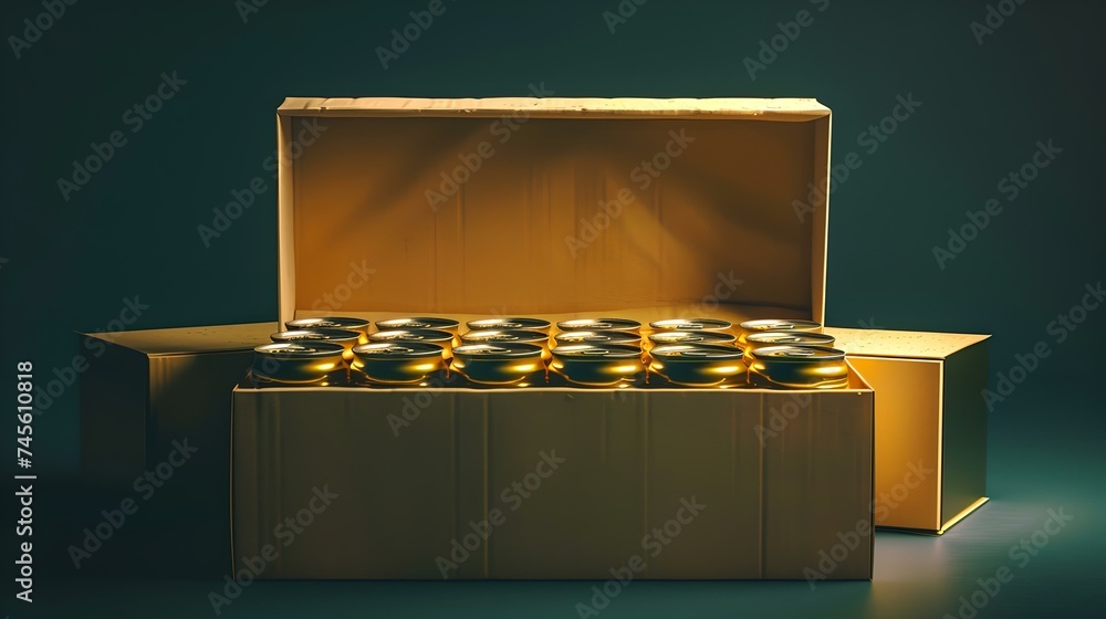 Poster golden bars in an open cardboard box against dark background. wealth storage concept in minimalistic