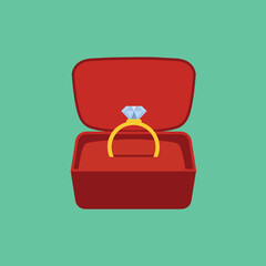 Velvet box with golden ring wedding symbol isolated cartoon icon. Vector pillow in red case of square shape with engagement ring with diamond germstone. Gold jewelry decorated by brilliant or adamant