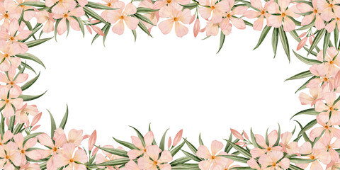 Oleander tropical flowers horizontal or vertical frame. Floral watercolor illustration isolated on...