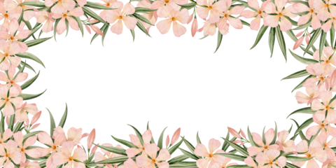 Oleander tropical flowers horizontal or vertical frame. Floral watercolor illustration isolated on white background. Botanical summer template for label design, cards and stickers