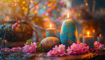 Decorated Pagan Altar with Painted Eggs and Lit Candles for Spring Equinox