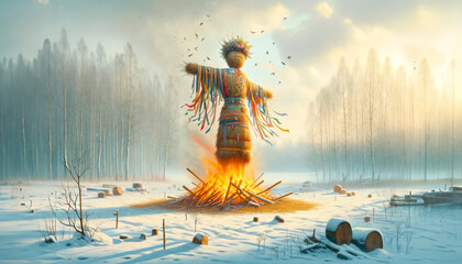 Traditional Slavic Ritual of Burning Marzanna Effigy to Celebrate Spring Equinox - obrazy, fototapety, plakaty