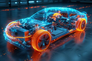 a highly detailed and futuristic electric car chassis with exposed inner workings