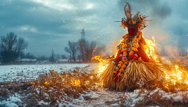 Traditional Slavic Ritual of Burning Marzanna Effigy to Celebrate Spring Equinox