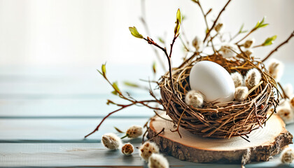 Easter composition with white egg in nest and pussy willow twigs on a wooden cut.