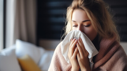 A young woman fell ill. A woman on a sofa with a napkin for a runny nose is being treated at home.