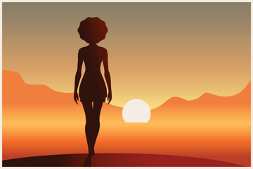silhouette of a woman, standing alone in sunset landscape, holiday vacation concept art, vector illustration minimal design 