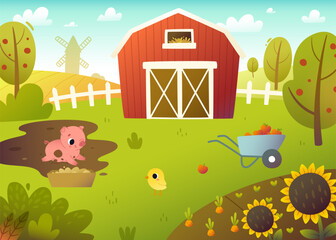 Fototapeta premium Cartoon farm landscape with cute pig. Summer vector rural background with barn and domestic animals.