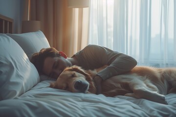 a cozy bedroom scene featuring a man and a golden retriever peacefully sleeping side by side. - obrazy, fototapety, plakaty