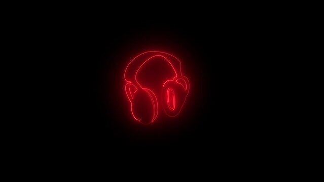 Neon glowing red headphone icon animation in black background