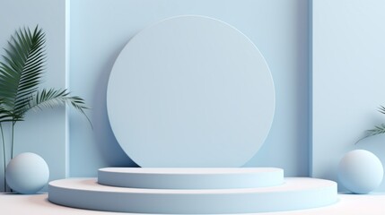 Round Podium, Stage, Mock up in pastel blue and white tones with Geometric shapes and Spheres for Product Presentation, Cosmetics, Minimalistic Interior, Horizontal Banner with Copy Space.