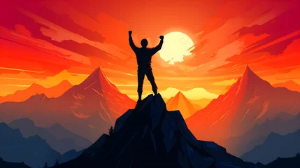 Foto op Canvas Silhouette of A Victorious Hero On Mountain Top Against Dramatic Sunset © Elijah