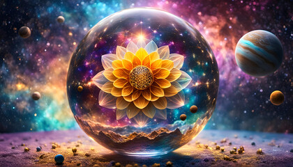 Lotus Blüte geöffnet Blume Erkenntnis bunt glänzend in Tropfen Wasser oder Kugel Glas vor Hintergrund Universum leuchtender Sterne Galaxien Lilie Wasser Spirituelle Erkenntnis Erleuchtung Buddha  - obrazy, fototapety, plakaty