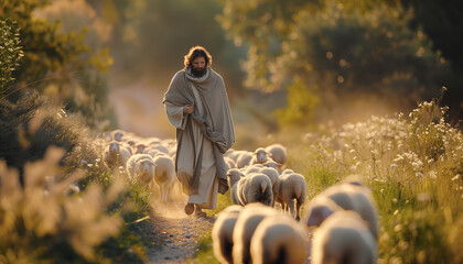 the shepherd Jesus led the lambs to the pasture