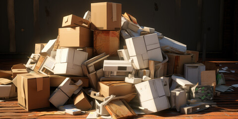 Chaotic Pile of Cardboard Boxes in Warehouse