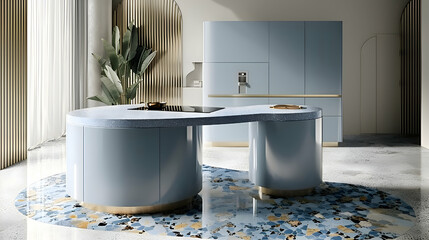 A vibrant light blue kitchen with intricate geometric designs on the floor and a central island, delivering a seamless blend of style and practicality