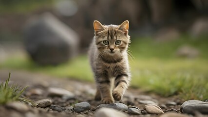 Naklejka na ściany i meble Small cat walks around the yard