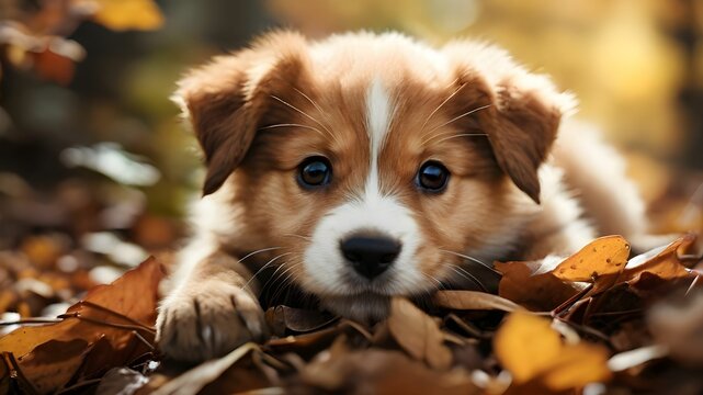 Cute puppy laying on the leaves