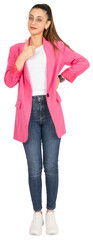 Fototapeta premium Thumb up ok gesture, attractive beautiful brunette businesswoman show thumb up ok gesture Full body length view entrepreneur female wear formal pink jacket. Isolated transparent png background.
