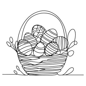 recommend clip art: One continuous hand drawing black line basket easter eggs doodle decorated with Many different design for easter egg outline style vector