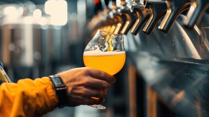 Close-up of a hand pouring craft beer from tap in a microbrewery. - obrazy, fototapety, plakaty