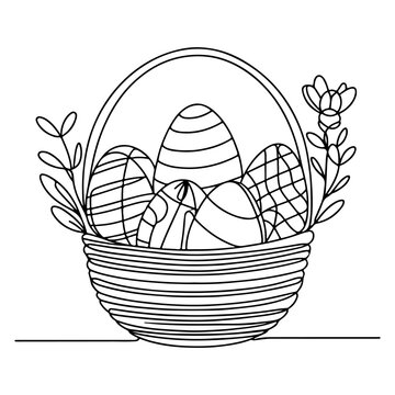 recommend clip art: One continuous hand drawing black line basket easter eggs doodle decorated with Many different design for easter egg outline style vector