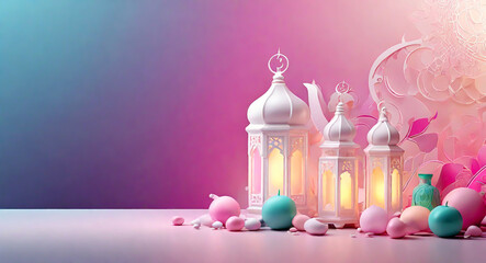 Islamic Ramadan and Eid Mubarak 3D renders soft light effects on an abstract HD aesthetic background