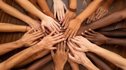 Diverse hands together in unity. Community support and teamwork concept. Design for social unity campaign. Overhead view with warm tones