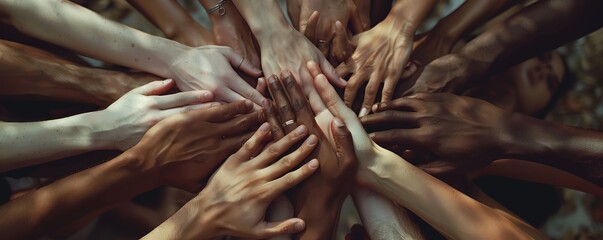 Array of hands from multiple races showing strength in diversity. Coexistence and mutual support concept - obrazy, fototapety, plakaty