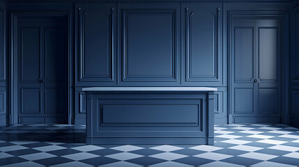 Close-up of the intricate details in the vibrant blue kitchen, showcasing bold geometric patterns on the floor and a central island with a pristine countertop