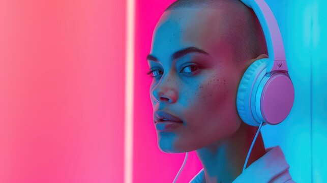 Close-up of a woman with a shaved head wearing white headphones, against a vibrant pink and blue neon background