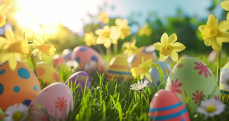 Easter eggs and daffodil flower on meadow - Powered by Adobe