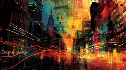 Against a textured background, vibrant abstract art merges a city skyline with colorful sound wave patterns.