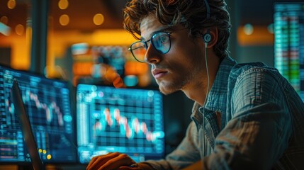 A young male financial analyst with headphones intently studies multiple data screens at night, indicating late-hour market analysis.